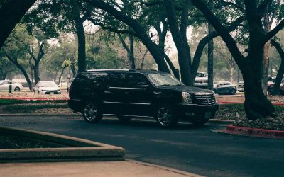 Une SUV noire circule sur une route bordée d'arbres